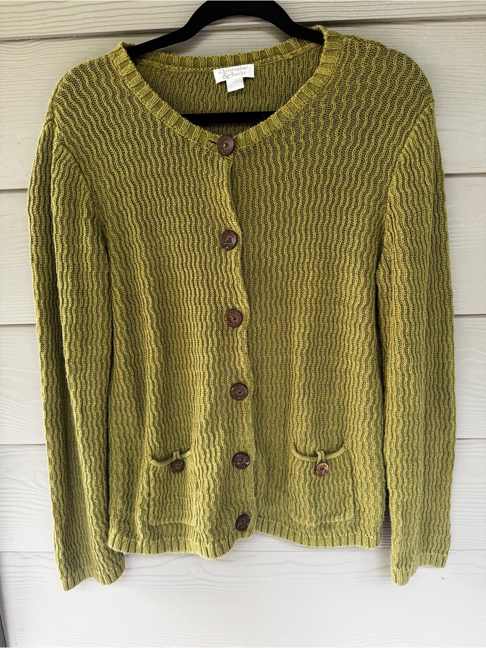 Christopher & Banks Cardigan Women M Green Textured Knit Button Front Pockets